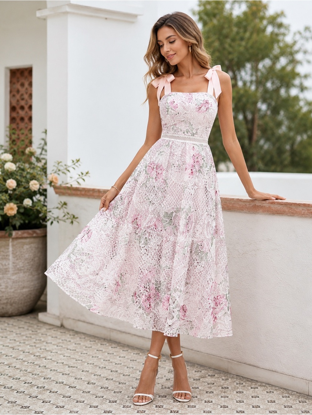 NEW Blush Floral Garden Lace Midi Dress
